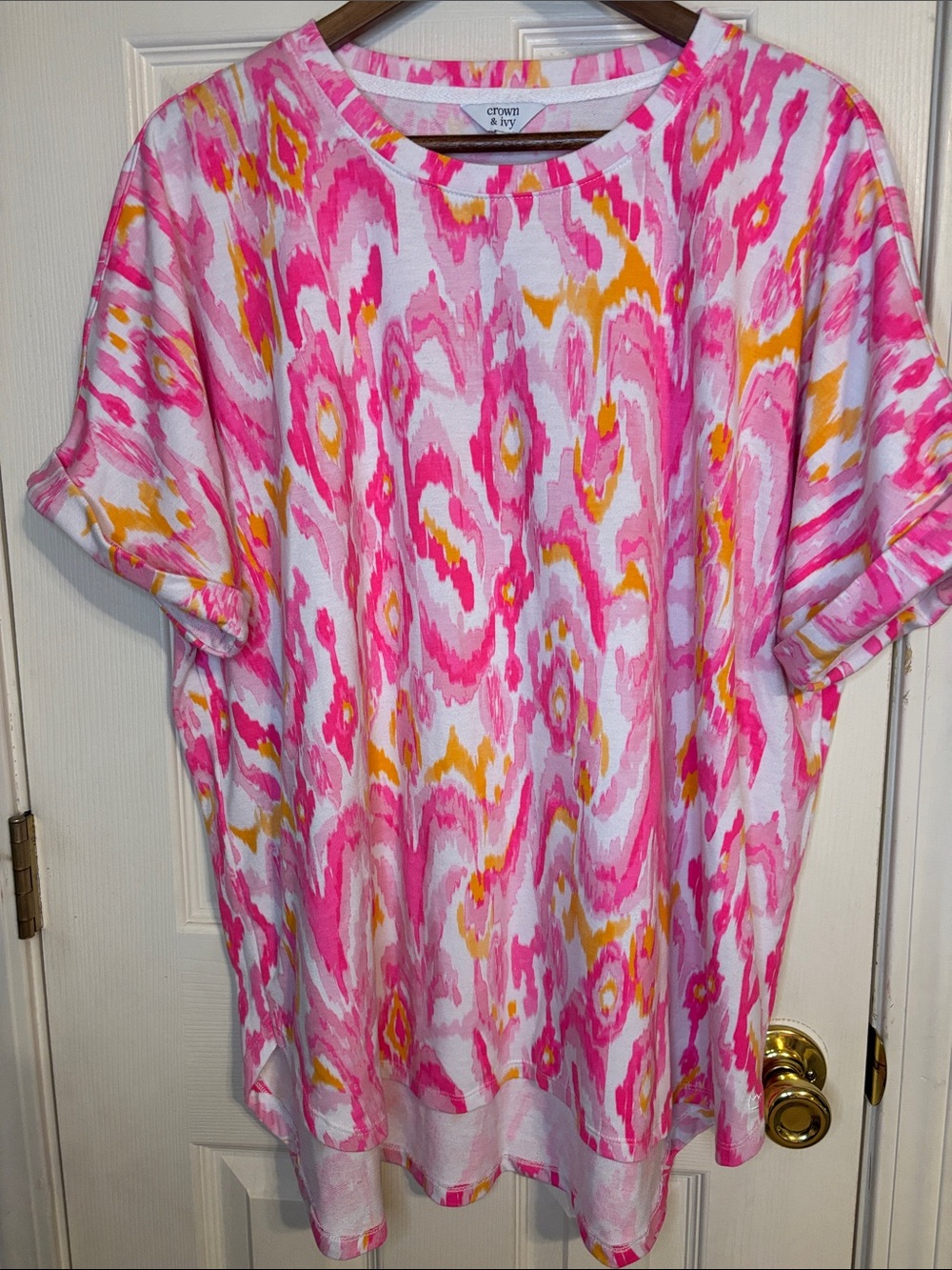 crown & ivy Pink and Yellow Ikat-Print Short Sleeve Tee
